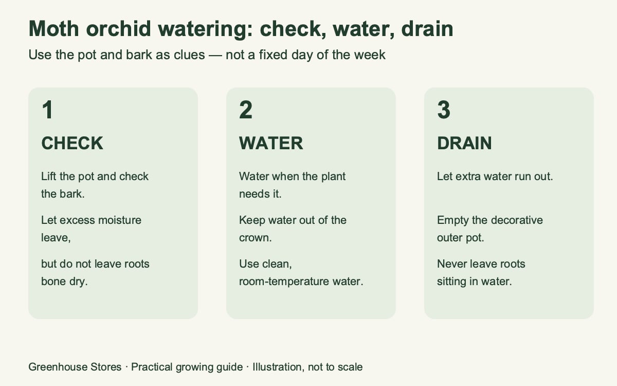 Three moth-orchid watering steps: check the pot, water when needed, drain fully