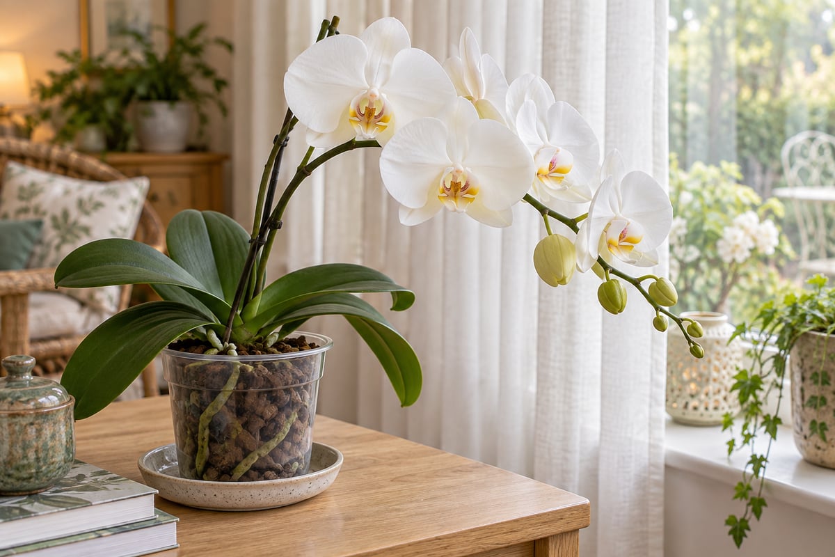 White moth orchid flowering beside a softly shaded conservatory window