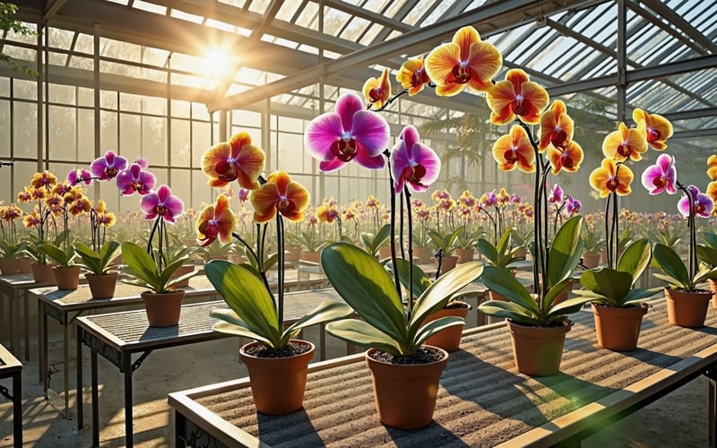 Orchids growing on staging in a greenhouse