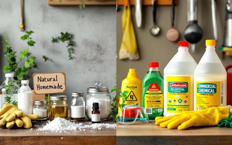 Side by side comparison of organic homemade weed killer ingredients versus commercial chemical herbicide bottles showing natural alternatives
