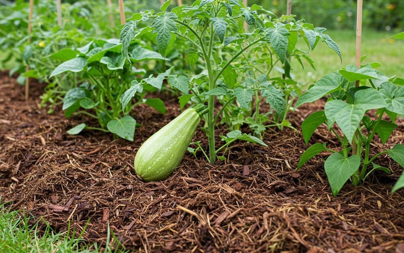 Organic mulch applied around vegetable plants to retain moisture during July heat