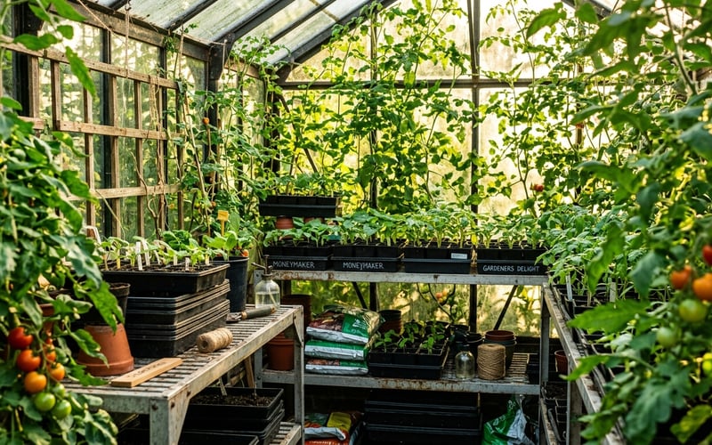 A packed greenhouse bursting with tomato plants and seed trays stacked on aluminium staging in warm afternoon light