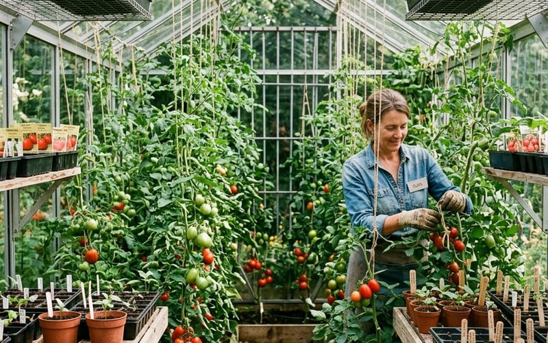 Vertical tomato plants trained up strings in a greenhouse with staging on both sides and seed trays on high shelves