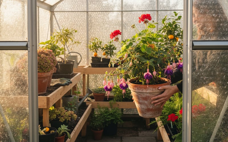 Moving tender potted plants into a greenhouse for winter protection