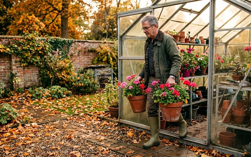 Person carrying tender potted plants into a greenhouse in an autumn garden
