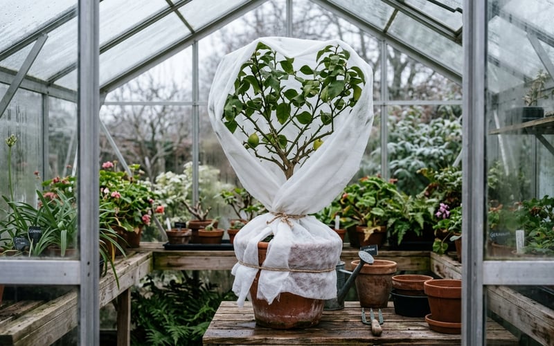 Potted citrus tree wrapped in horticultural fleece inside a greenhouse for winter frost protection