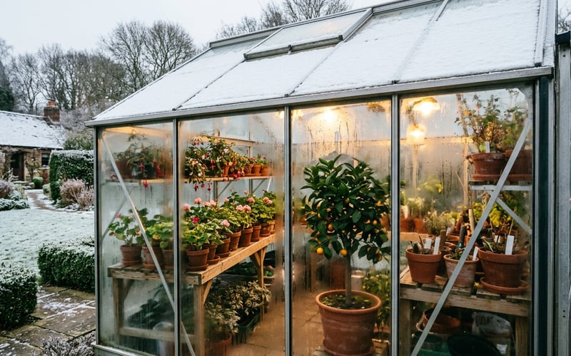 Tender plants safely overwintering inside a greenhouse with frost visible on the garden outside