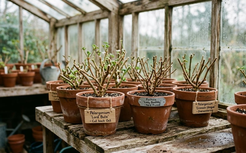 Pelargoniums and fuchsias on greenhouse staging prepared for overwintering