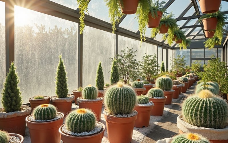 Overwintering plants sheltered inside a UK greenhouse