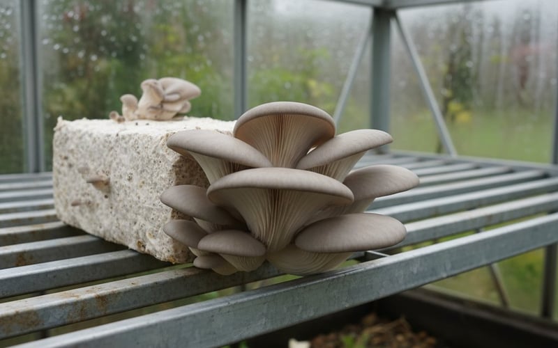 Cluster of oyster mushrooms fruiting from a growing block under greenhouse staging