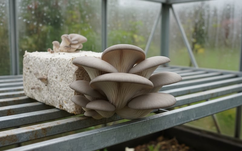 Cluster of oyster mushrooms fruiting from a growing block under greenhouse staging