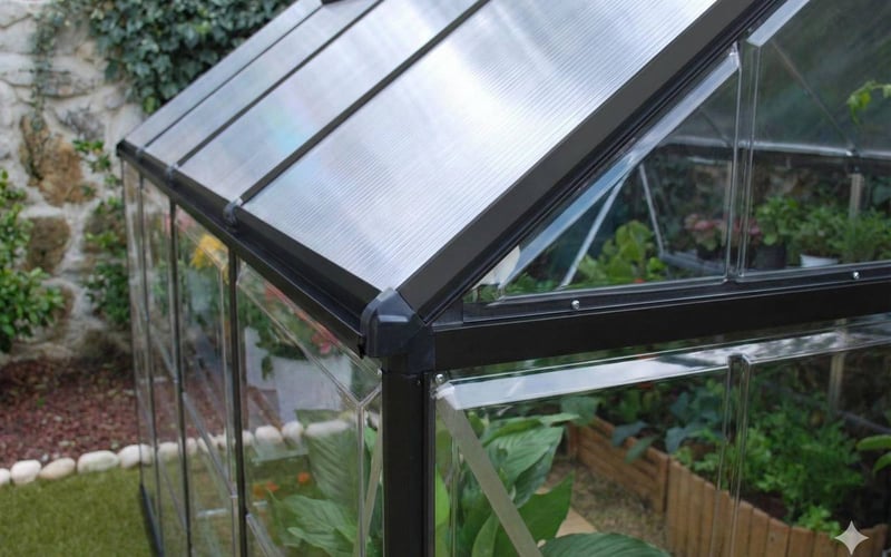 Palram Hybrid greenhouse showing the difference between the opaque roof and clear sides