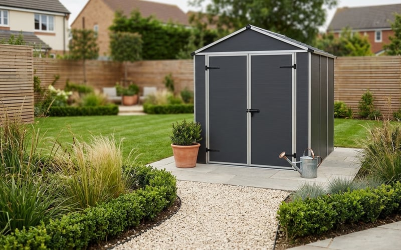 Palram Canopia 6x8 Plastic Rubicon Dark Grey Shed in a UK garden with a paved path and bedding plants alongside