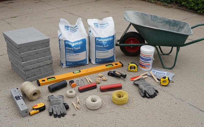Essential tools for building paving slab greenhouse base including slabs, cement, sand and equipment