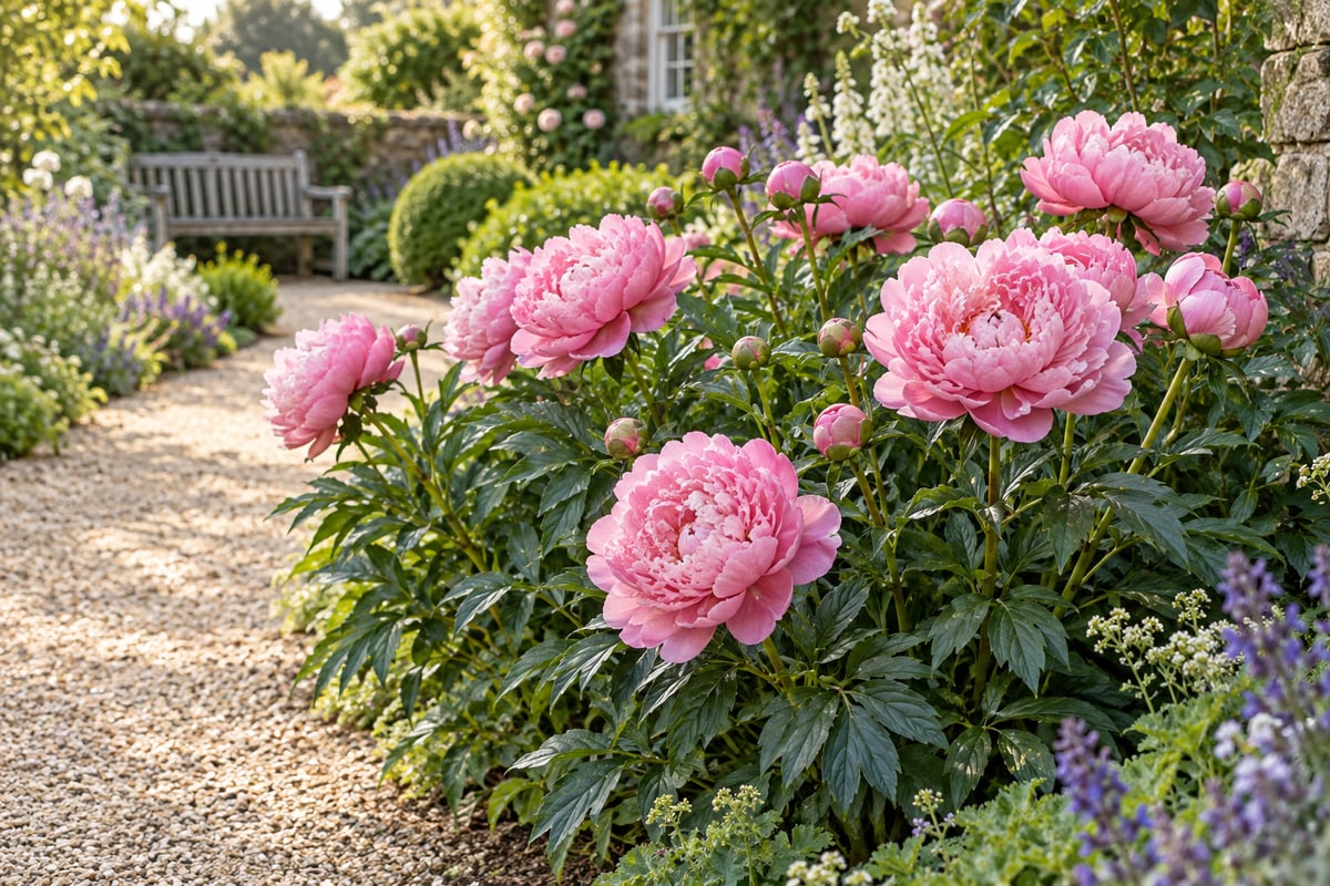 Pink herbaceous peonies flowering beside a cottage garden path