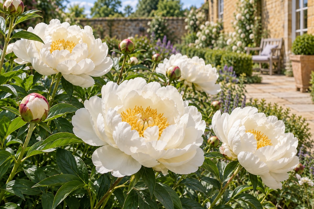 White herbaceous peonies flowering beside a sunny garden terrace