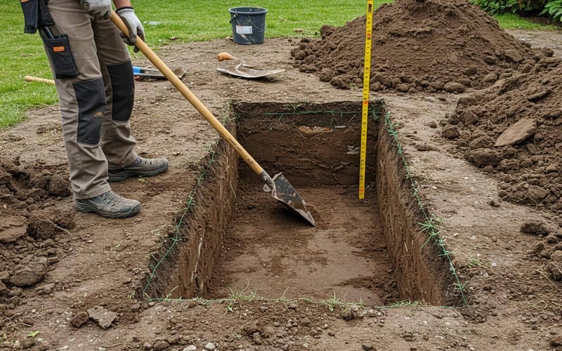 Person digging rectangular excavation for shed base showing correct 150mm depth with measuring tape.
