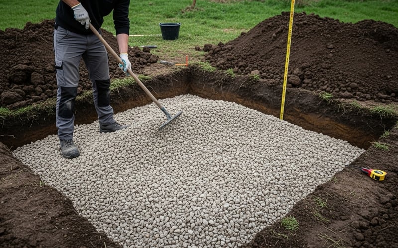 Person spreading hardcore with rake.