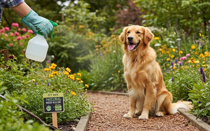 Pet-safe homemade weed killer being applied in garden with golden retriever safely nearby, demonstrating family-friendly natural weed control