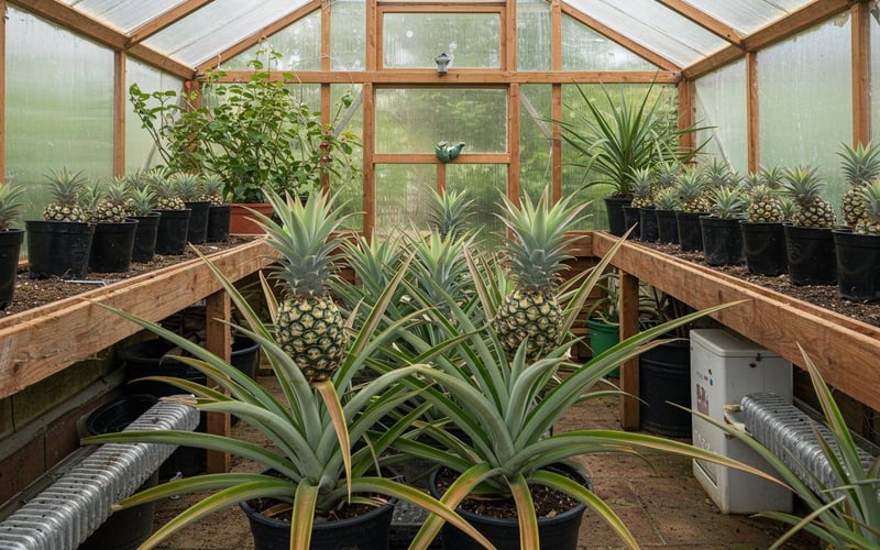 Pineapple plant with developing fruit growing in heated UK greenhouse.