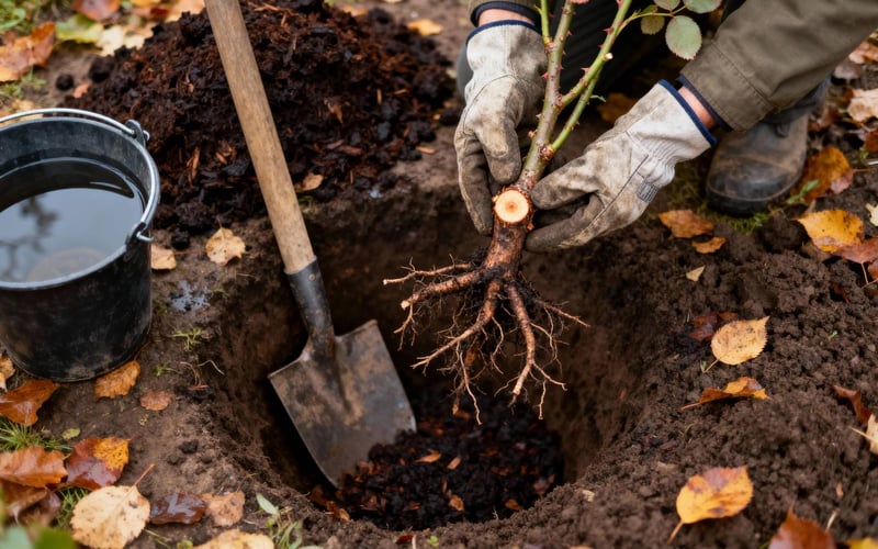 Bare root rose being planted in November showing correct planting depth with graft union at soil level