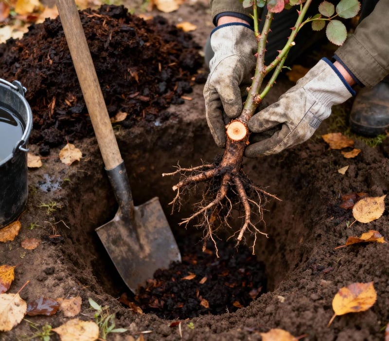 Bare root rose being planted in November showing correct planting depth with graft union at soil level