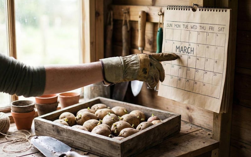 Gardener pointing to a wall calendar showing potato planting dates in a potting shed