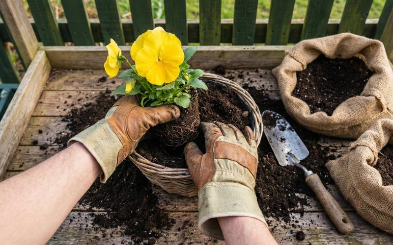 Gardener's hands planting winter pansies into a wicker hanging basket on a wooden potting bench