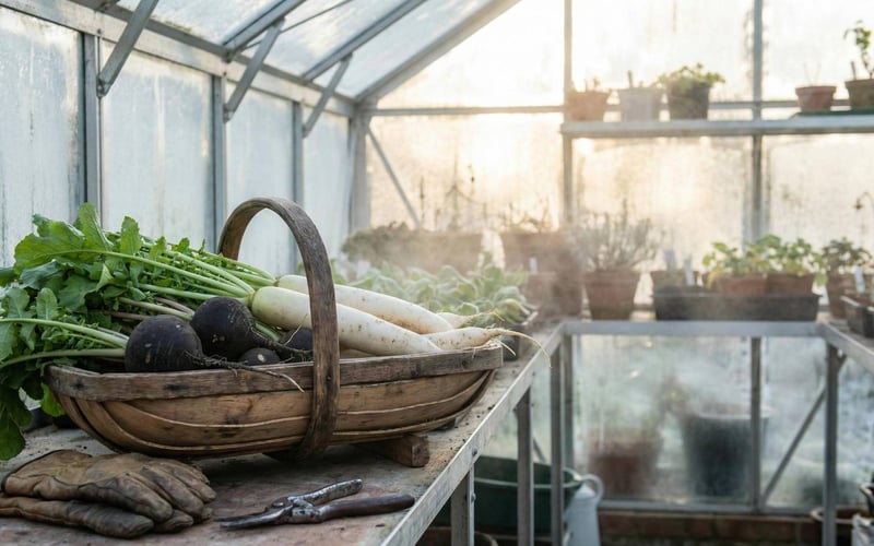 Freshly harvested winter radishes in a wooden trug inside a frost-dusted greenhouse in December.