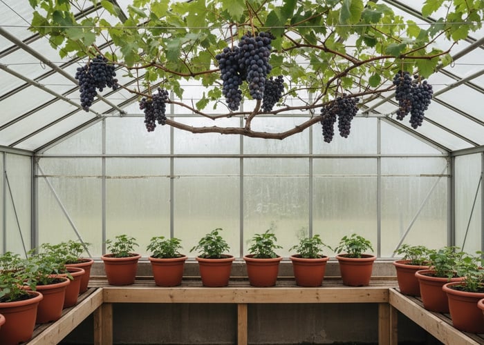Grapevine trained along greenhouse roof bars with bunches of grapes