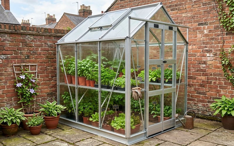 Elite Compact 4x4 greenhouse on a small urban patio with herbs and salad leaves growing inside