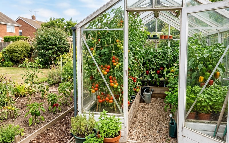 Comparison of plants growing inside a greenhouse versus outdoors showing the difference in growth and productivity