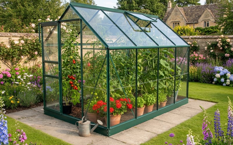 Vitavia Venus 5000 green greenhouse in a UK cottage garden with tomato and cucumber plants growing inside