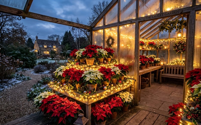 Striking Christmas display of red and white poinsettias on tiered greenhouse staging with fairy lights at twilight