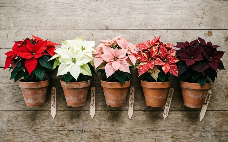 Five poinsettia varieties in terracotta pots showing red white pink marble and burgundy bract colours
