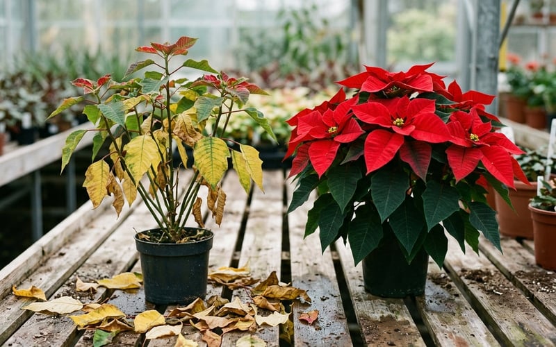 Poinsettia showing yellowing lower leaves and leaf drop compared to a healthy red plant on greenhouse staging