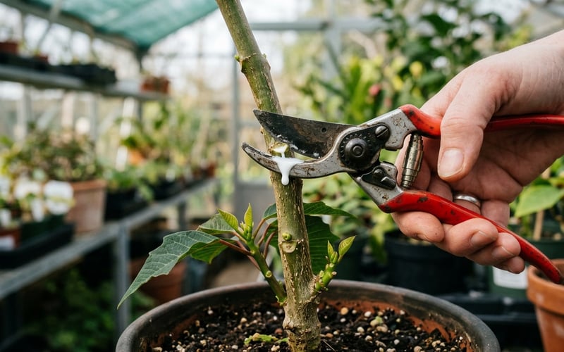 Pruning a poinsettia stem with bypass secateurs to 10cm above soil showing white latex sap in spring