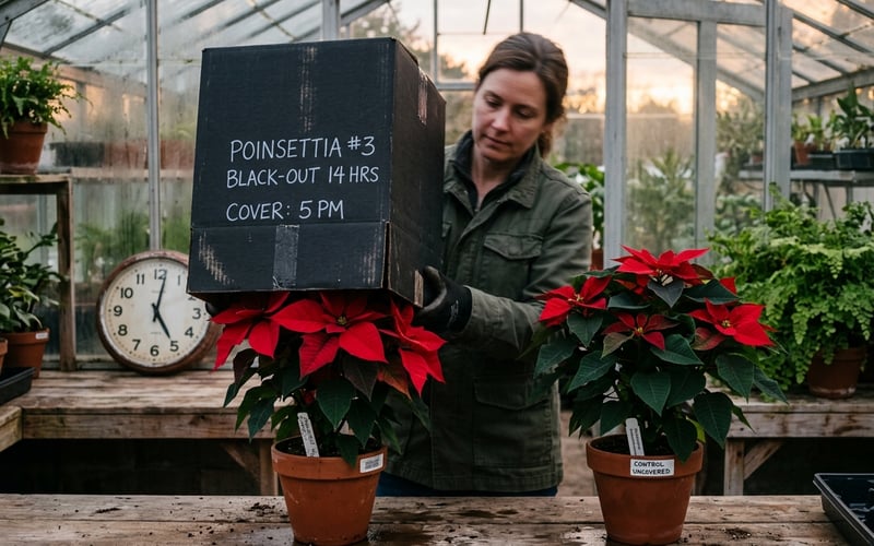 Poinsettia plant inside a greenhouse being covered with a blackout box for short-day light treatment at 5pm