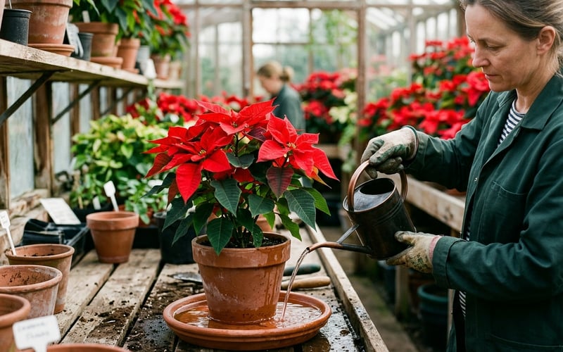 Watering a red poinsettia in a terracotta pot using the saucer method inside a greenhouse