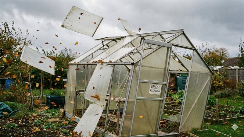 Polycarbonate greenhouse with panels blown out by high winds showing structural weakness.