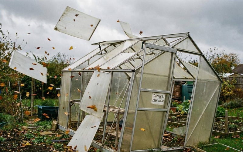 Polycarbonate greenhouse with panels blown out by high winds showing structural weakness.