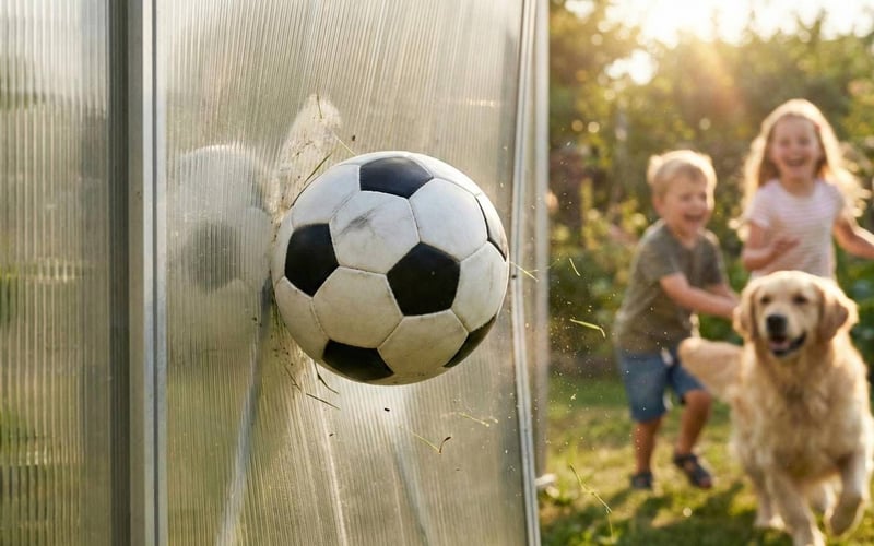 A football hitting a polycarbonate greenhouse panel without breaking it