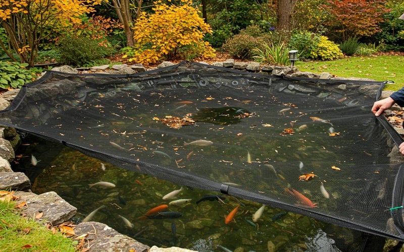 Garden pond with protective netting being installed to prevent autumn leaf debris