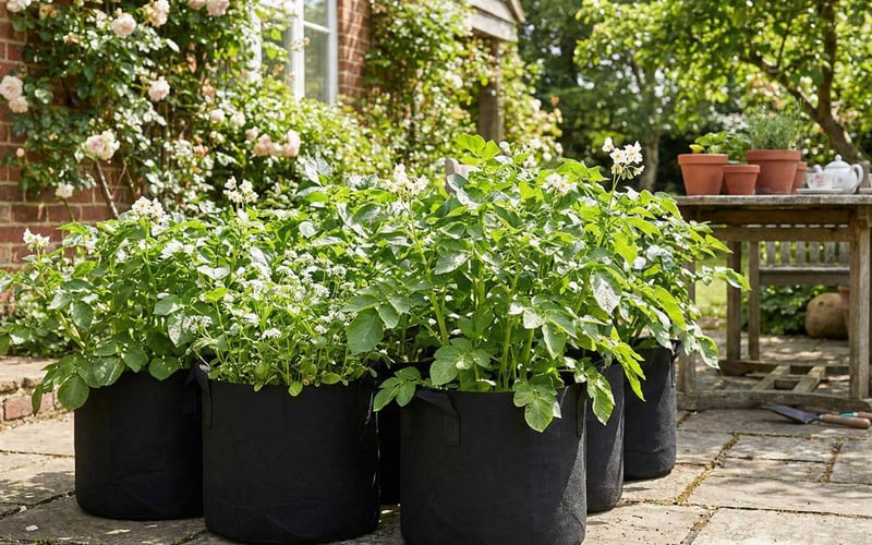 A collection of black potato grow bags on a patio with lush green foliage spilling over