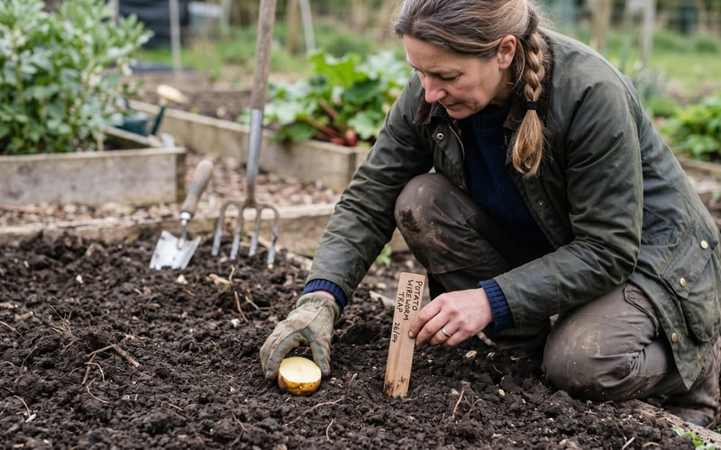 A halved potato placed cut-side-down on freshly-dug soil as a wireworm trap with a wooden plant label marking the spot in a UK allotment