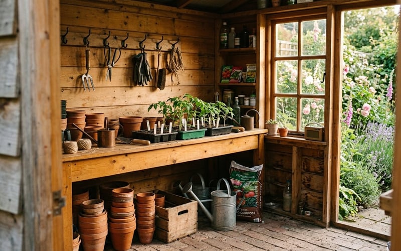Well-organised UK potting shed interior with bench tools and seed trays on tiered staging