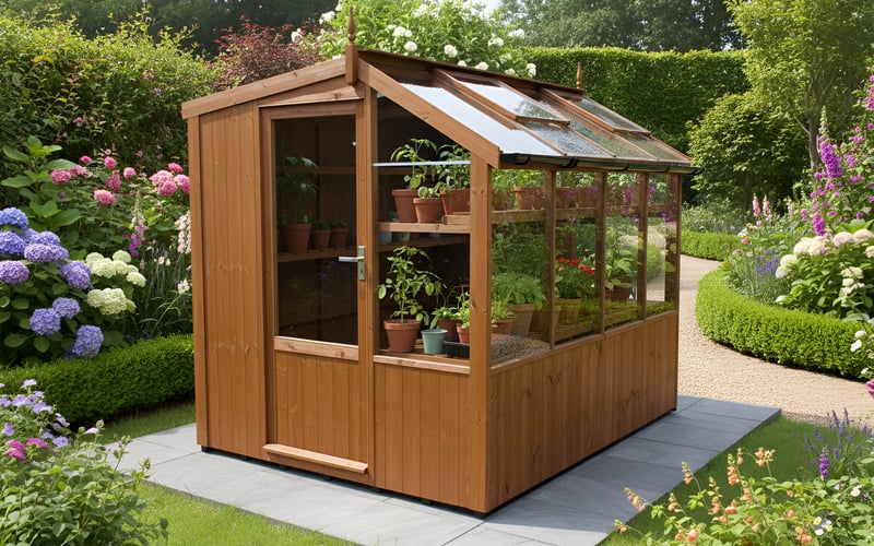 Swallow Jay 6x8 ThermoWood potting shed in a garden setting with plants on built-in staging