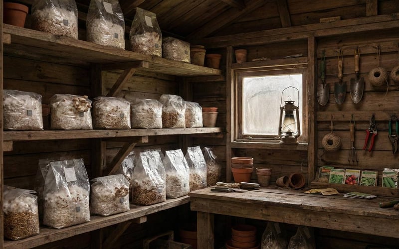Wooden potting shed interior with shelves holding mushroom spawn bags in a darker, warm environment.