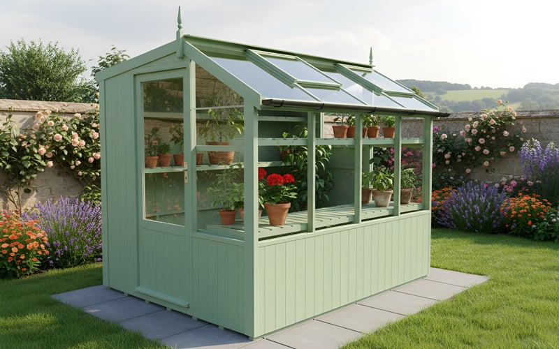 Swallow Jay 6x8 painted potting shed in an autumn garden setting