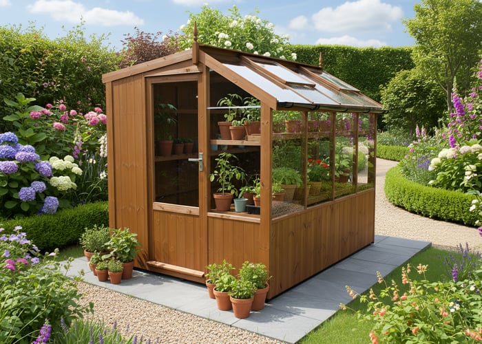 Swallow potting shed in a garden setting with glazed front and timber walls